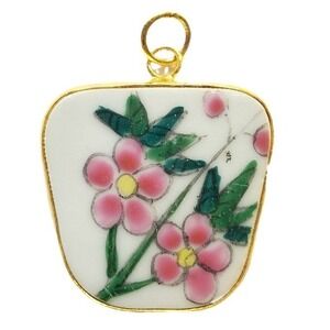 Plum Blossoms Pottery Shard Pendant Gold Tone Vintage Hand Painted Pink Flower
